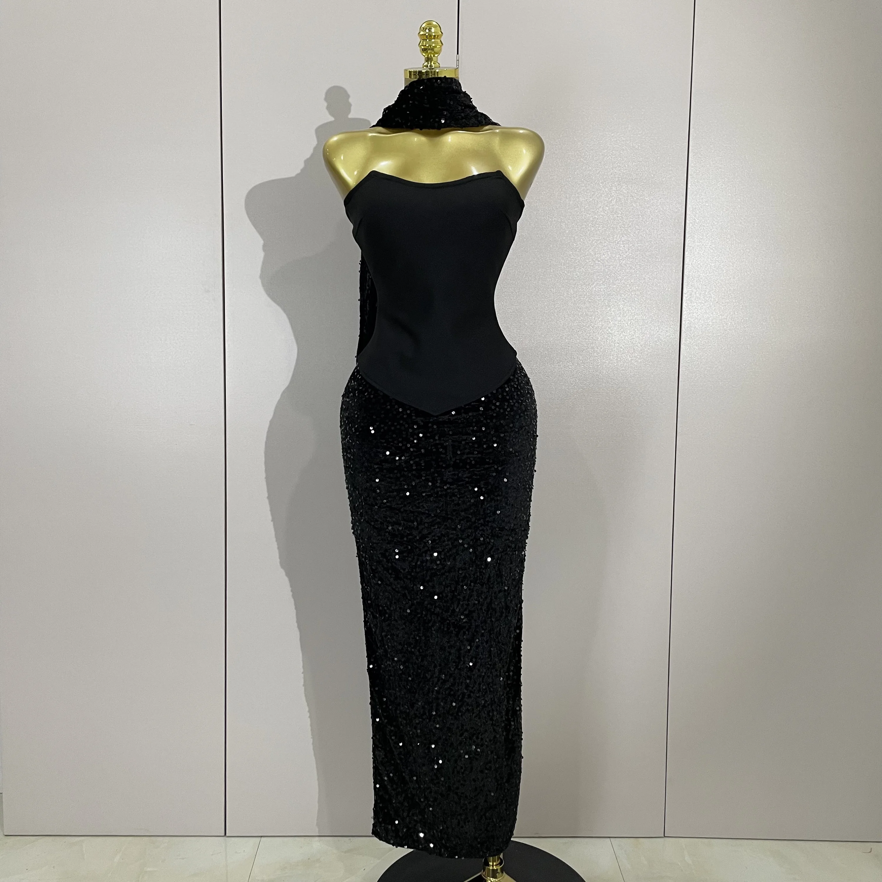 Błyszczący Cekinowy Seksowny Bez Ramiączek Czarny Maxi Długi Bandage Trzyczęściowy Zestaw 2025 Kobiety Eleganckie Wieczorowe Klubowe Imprezowe Urodzinowe Suknie Balowe