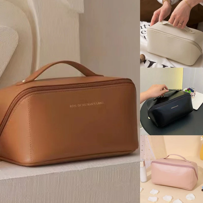 Borsa per il trucco da donna PU di grande capacità portatile comoda moderna minimalismo da viaggio lavaggio borse per la conservazione dei prodotti