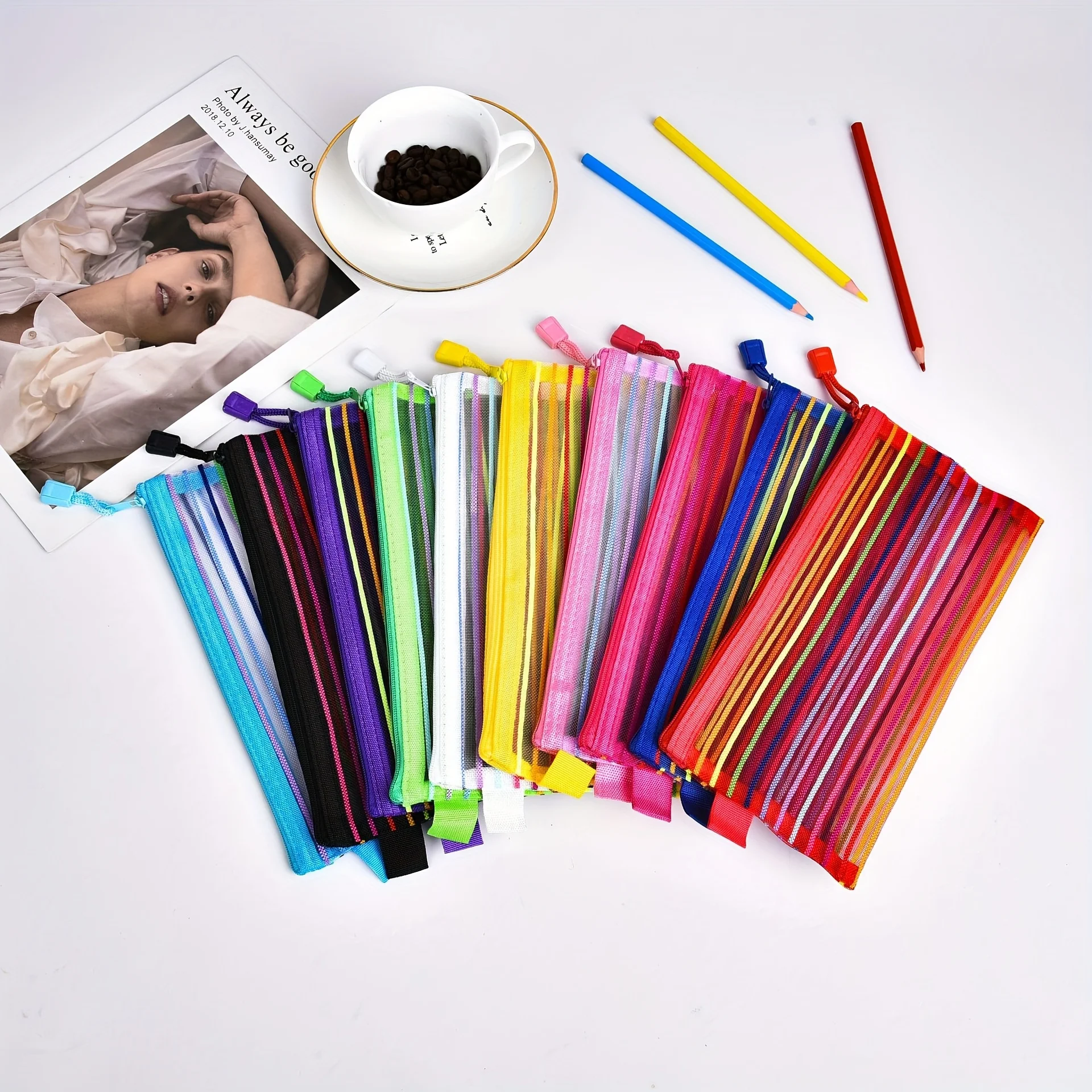 6pcs Transparent exam stripe pencil case, stationery bag with zipper, file bag for office documents, ticket storage bag