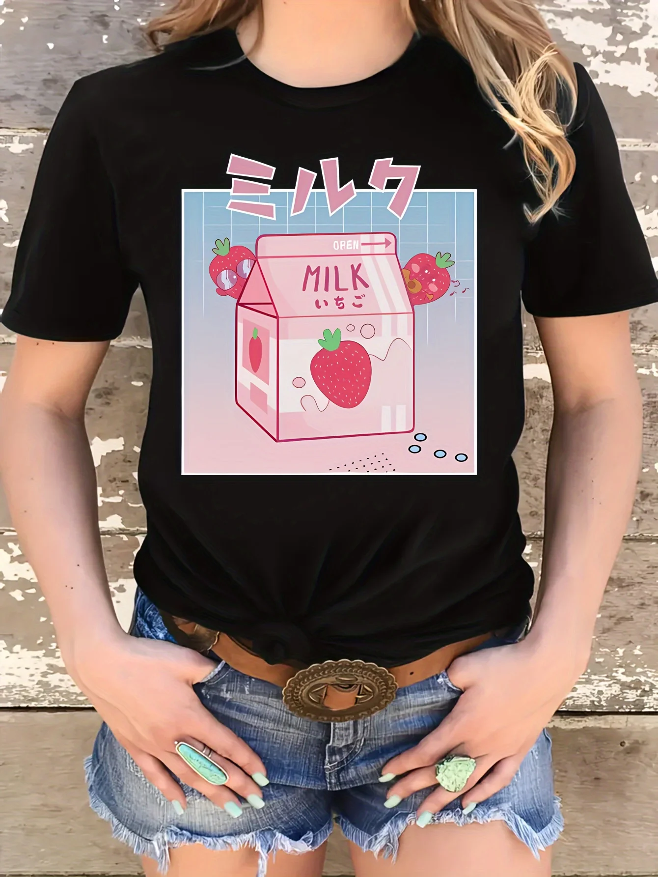 Japanese Anime Strawberry Milk Carton Manga T-Shirt Cute Strawberry Milk Print Round Neck Casual Tee Manga Style Apparel