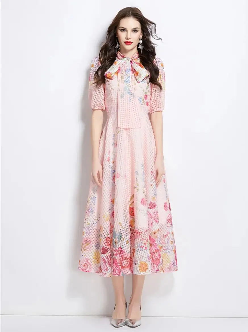 

High Quality Gorgeous Flower Print Chiffon Long Maxi Dress For Women Bow Lace-up Bubble Sleeve Waffle Holiday Beach Dress
