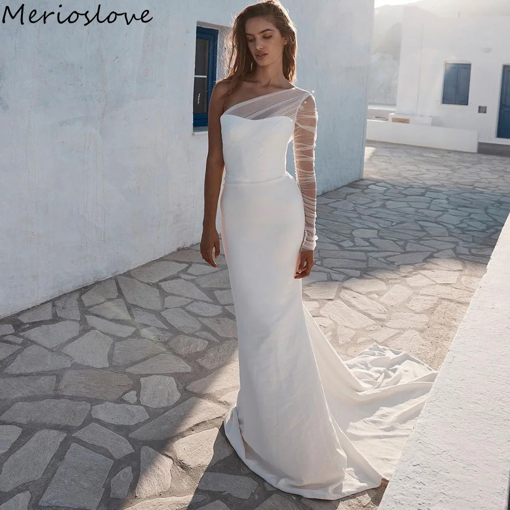 Merioslove Simple Crepe Mermaid Wedding Dresses One Shoulder Beach Bride Dress Minimalist Bridal Gowns 2024