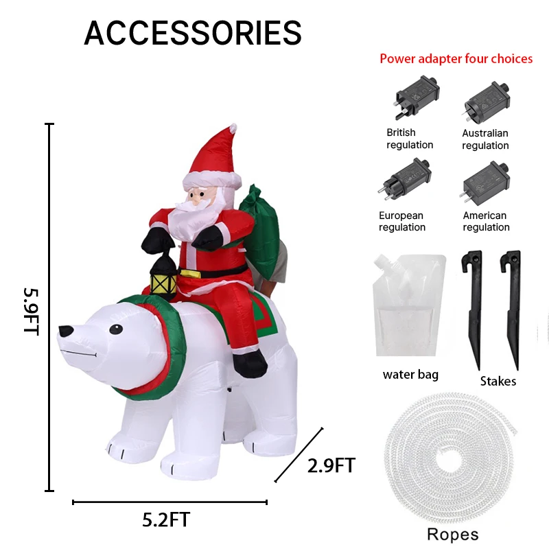 Jouets gonflables de 5,91 pieds, père noël, ours polaire, décoration de fête sur pelouse, éclairage LED, ornements de noël pour la maison, cadeau