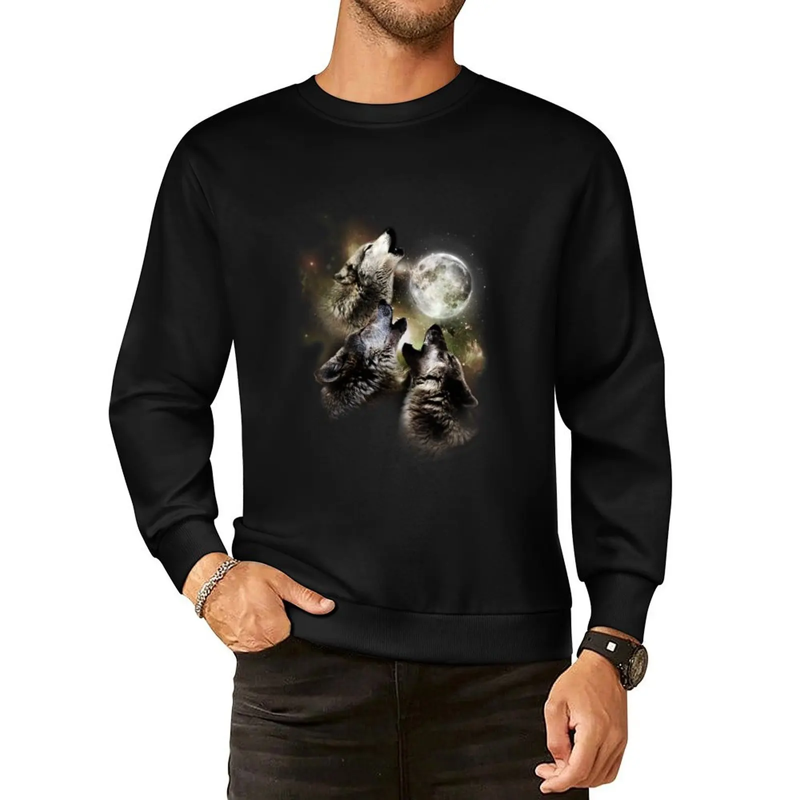 Three wolves howling at the moon Pullover Hoodie anime clothes clothes for men men's autumn clothes men wear men sweatshirt