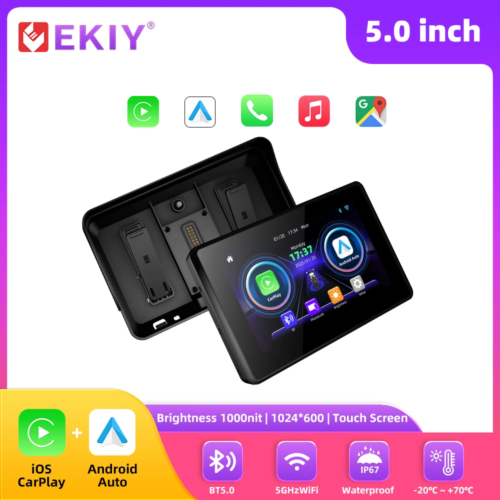 

EKIY 5 Inch Motorcycle Navigation GPS Wireless Carplay Android Auto Display Motorcycle Carplay Monitor Motorcycle GPS Screen