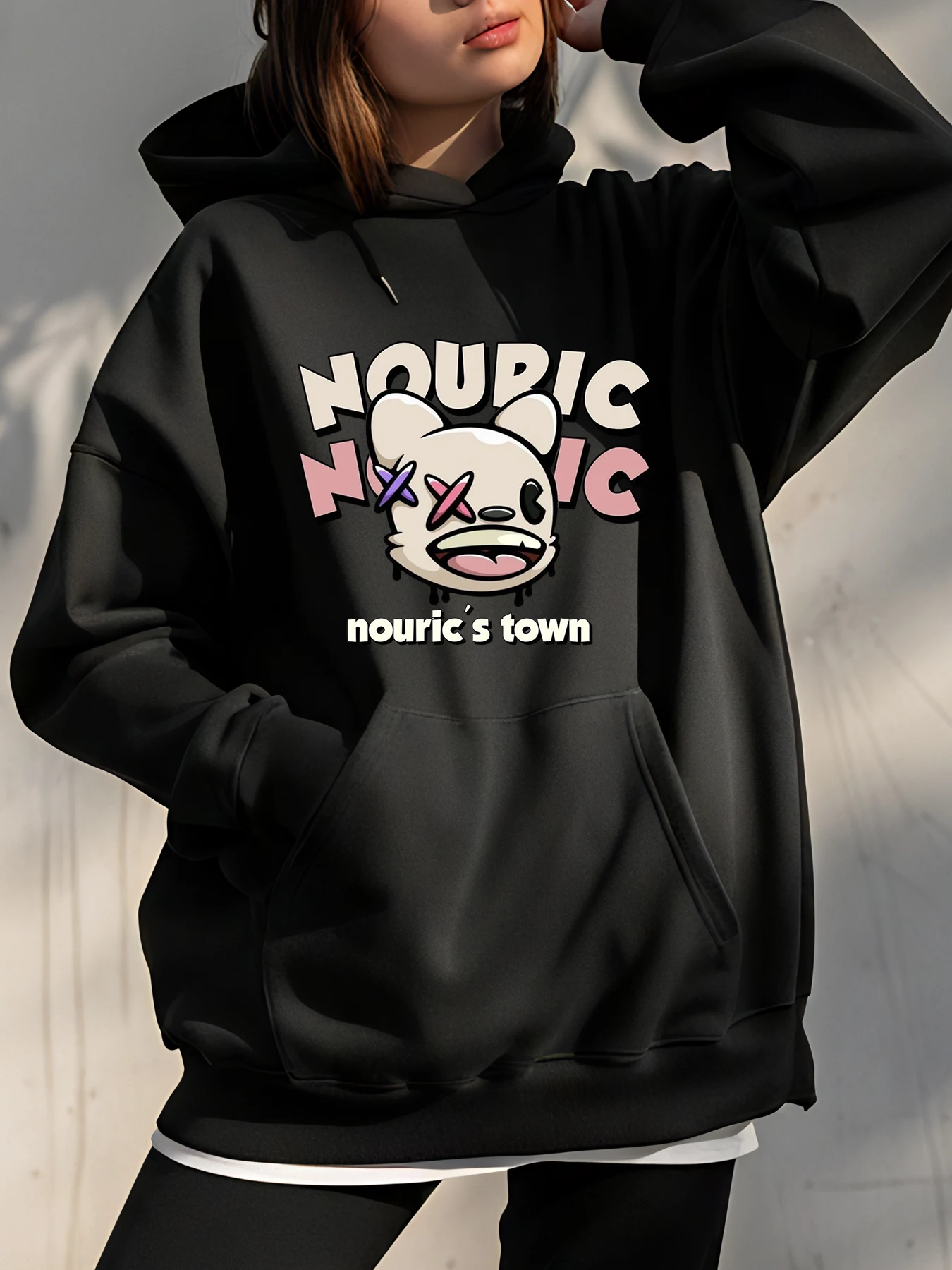 

Толстовка с капюшоном Nouric Town с мультяшным принтом, черная толстовка, повседневная уличная одежда, женский модный пуловер с капюшоном