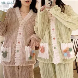 Cute Fashionable Warm Sweet Cartoon Loose Casual Flannel Pajamas Two Piece Set For Women