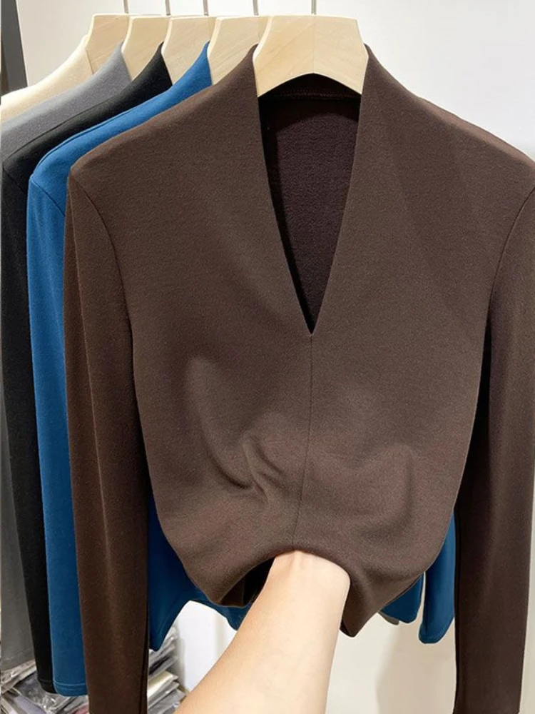 Long Sleeve Casual T-shirts Women Spring V-neck Slim Warm Korean Style Simple Fashion Solid Fit Streetwear All-match Elegant