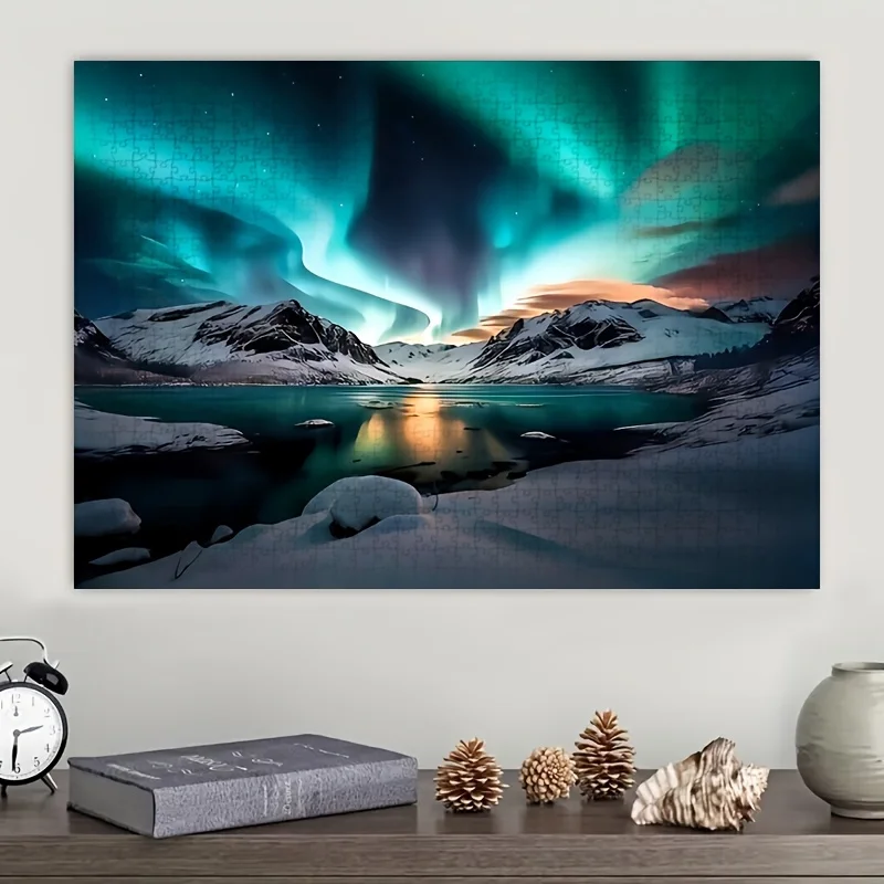 Rompecabezas Northern Lights Aurora Borealis de 1000 piezas para adultos - Escena nocturna de lago de montaña de invierno con verde vibrante y azul