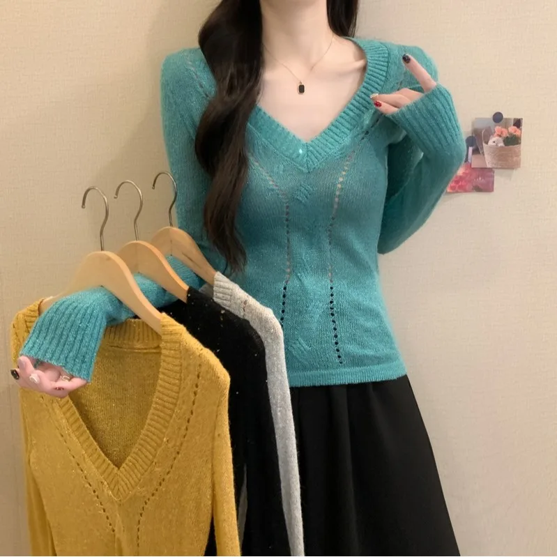 

Spring 2026 Women's Slim Fit iny Base Layer Top Versatile Korean Sle Long Sve Knitted Sweater Daily Wear Color