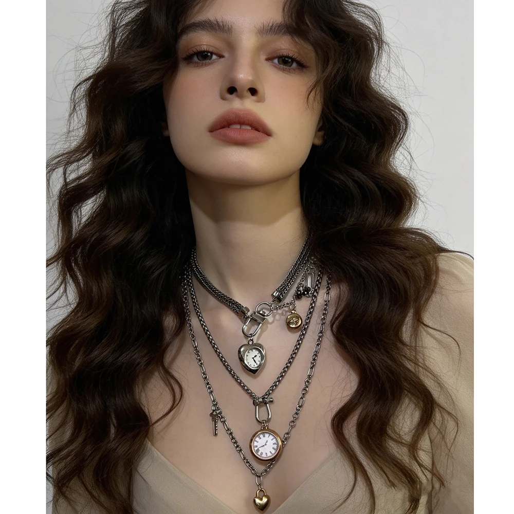 

Vintage Multi-Layer Chain Necklace with Clock Heart Pendant Silver Gold Color Mixed Gothic Punk Choker Jewelry for Women