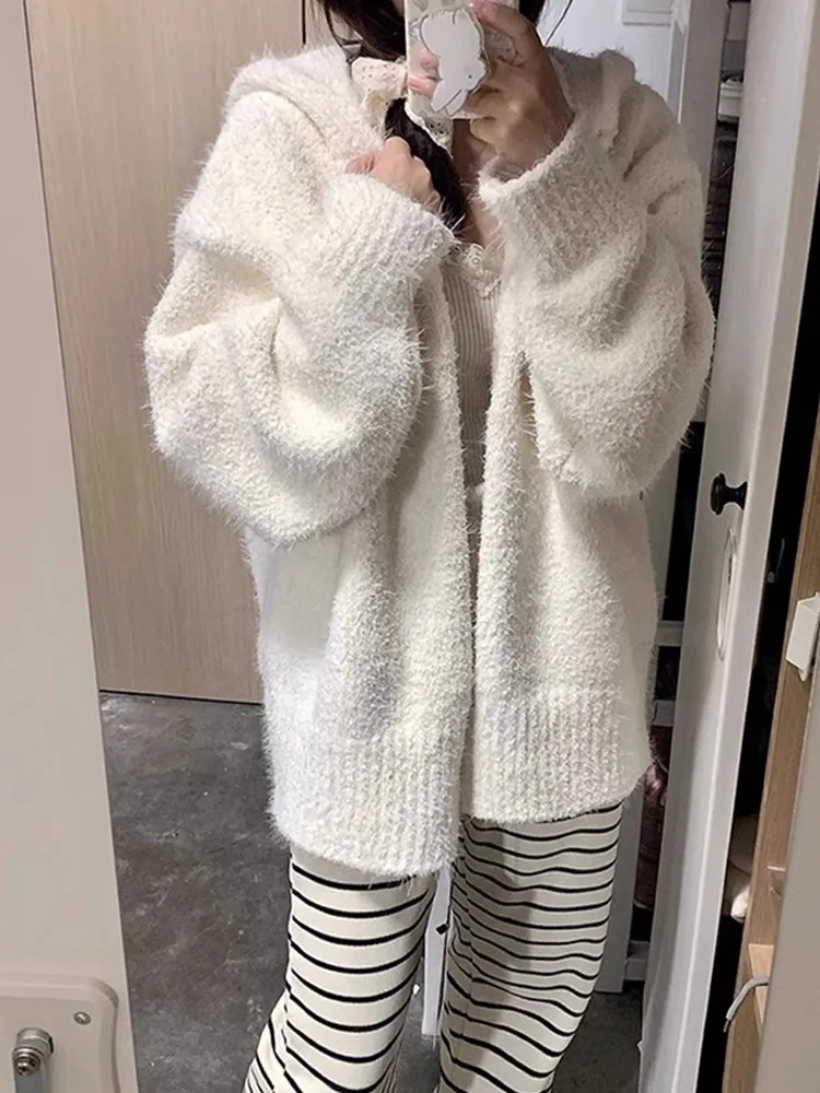 

Ladies Thiened Knitted Hat Sweater Chic Early Autumn Outerwear Lazy Sle Small Size Top Korean Version Loose Fit Cardigan