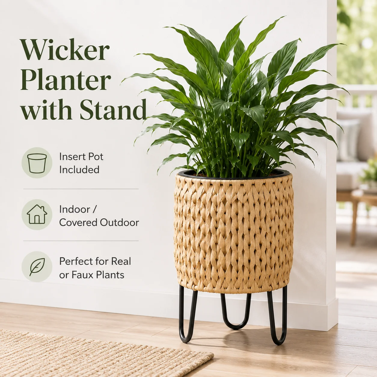 Wicker Planter with Stand Resin Plant Pot Indoor Flower Pot Raised Steel Legs with Insert for Living Room Entryway Porch Balcony
