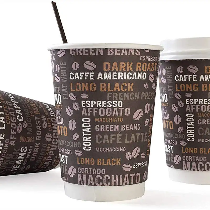 Dupla parede papel copo de café com tampas, Logotipo personalizado impresso, Descartável personalizado estilo embalagem cor característica E, Produto personalizado