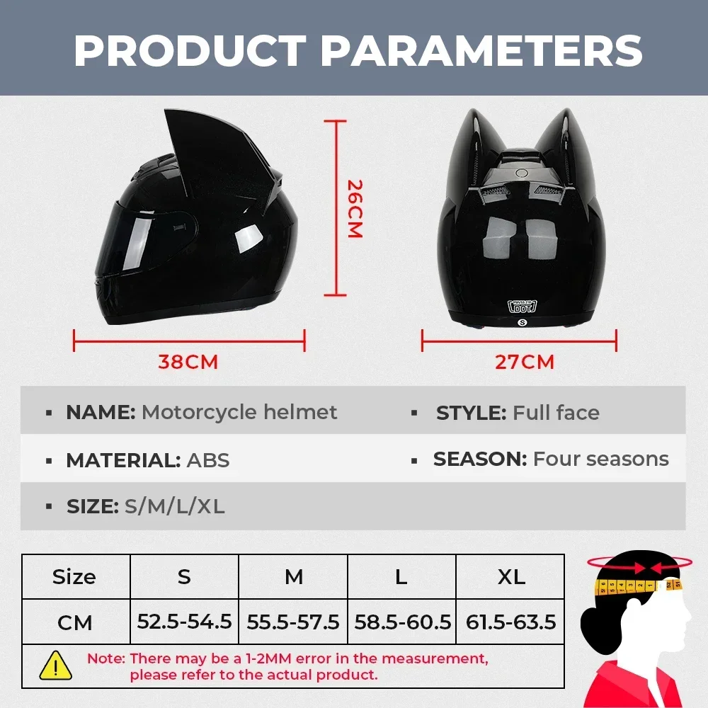 Capacete de moto com orelhas de gato, removível, aprovado pelo DOT, acessórios de moto para mulheres e homens, rosto completo, respirável