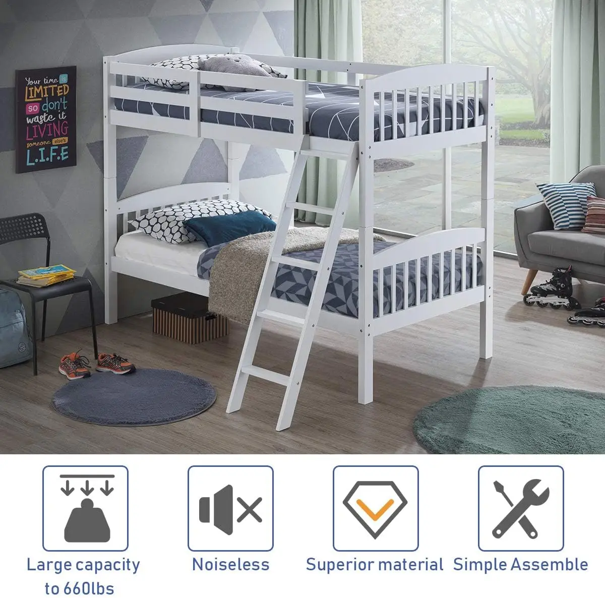 Twin Over Twin Bunk Beds, Convertible Into Two Individual Solid Rubberwood Beds, Children Twin Sleeping Bedroom Furniture w/ 1 P