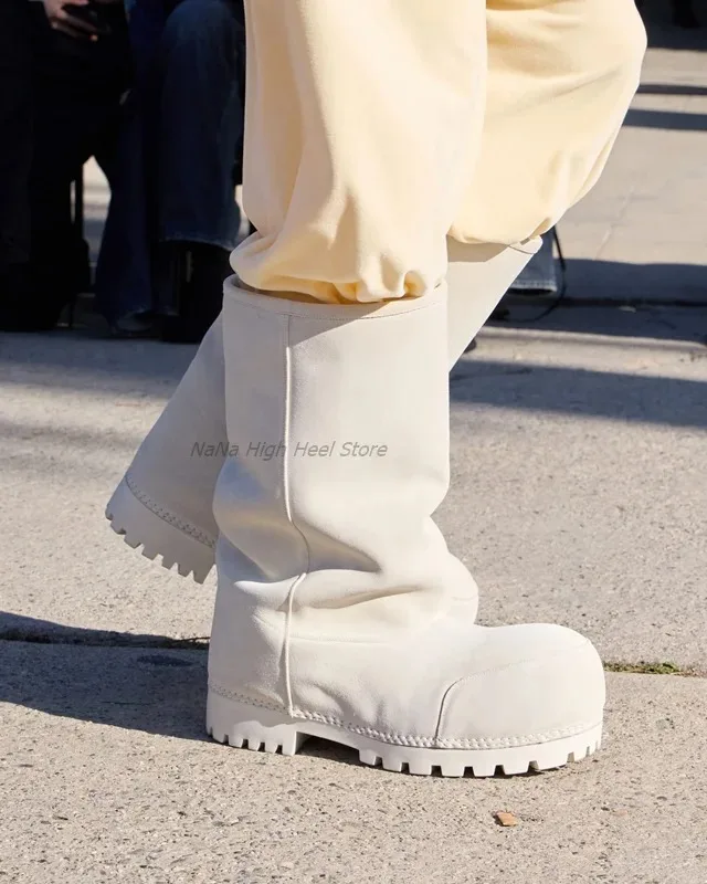 Black Round Big Toe Knee-High Women Or Men Platform Winner Boots Chunky Middle Heels Slip On Design Large Size Warm Shoes
