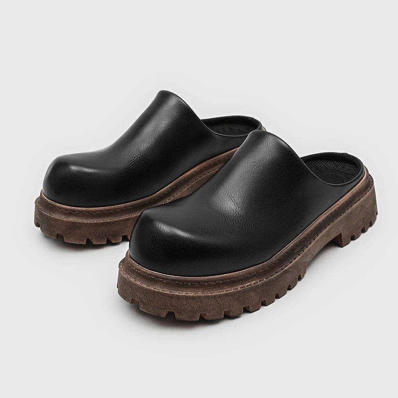Round Headed Men's Leather Shoes Summer Trendy Slippers Outdoor Leisure Party Walking Thick Soled Height Increasing Men's Shoes