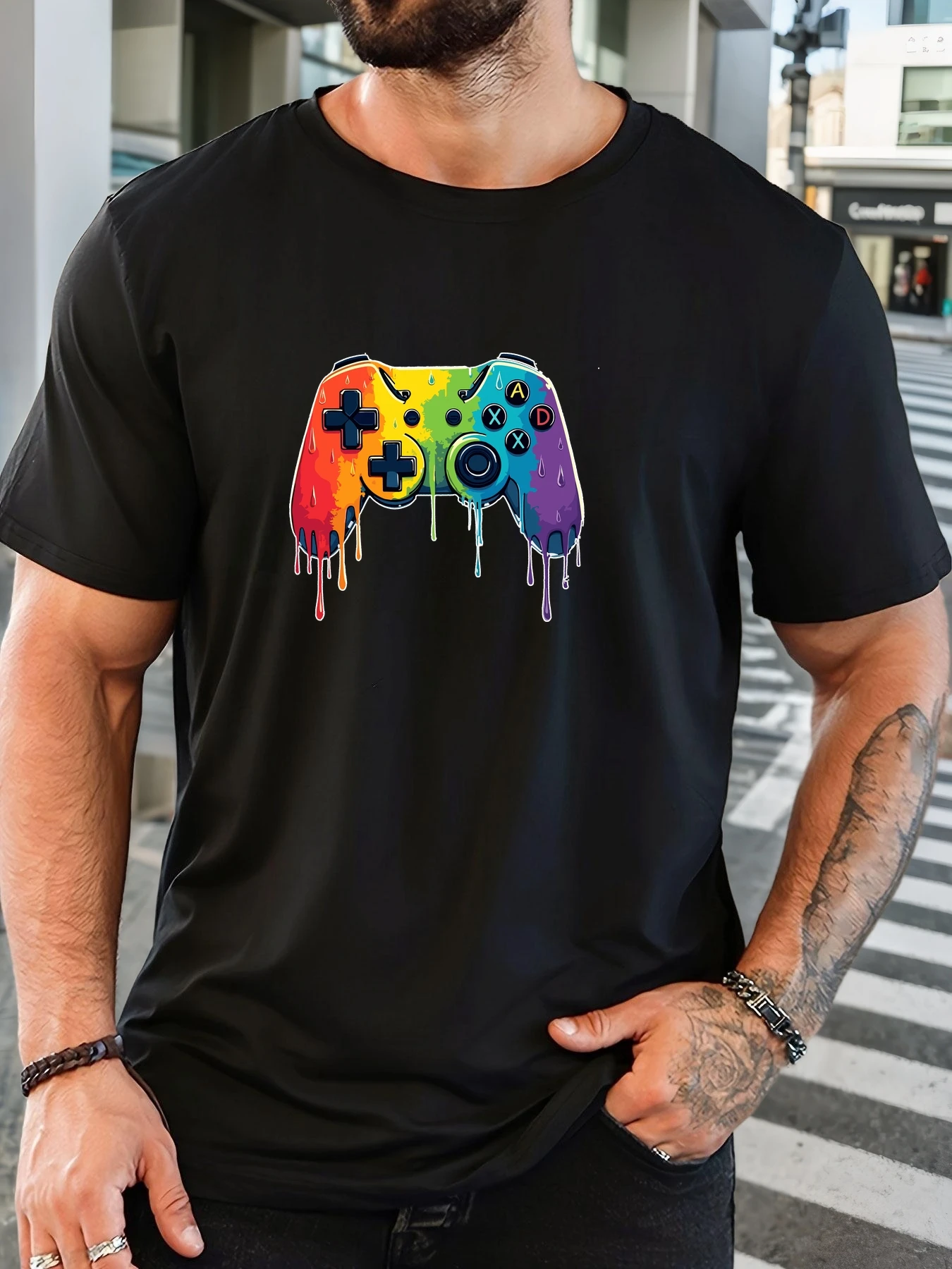 Men White Crew Neck Tee Color Drip Rainbow Game Controller Art Retro Video Gamer Graphic Gaming Lover Soft Cotton Male Casual