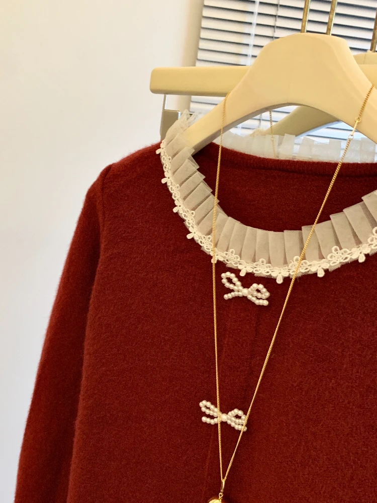 سترة المرأة الكورية نمط الدانتيل س الرقبة كل مباراة الخريف الشتاء القوس الديكور تصميم تريكو عادية حلوة جميلة الفتيات Ulzzang