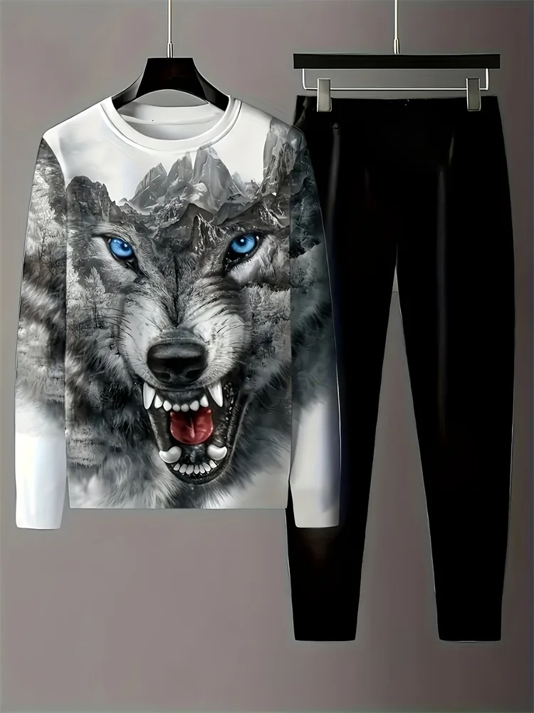 2024 New Wolf Print Men\'s Sets Spring And Autumn Men\'s Daily Casual Long-sleeved T-shirt Outdoor Street Fashion Men\'s Pants