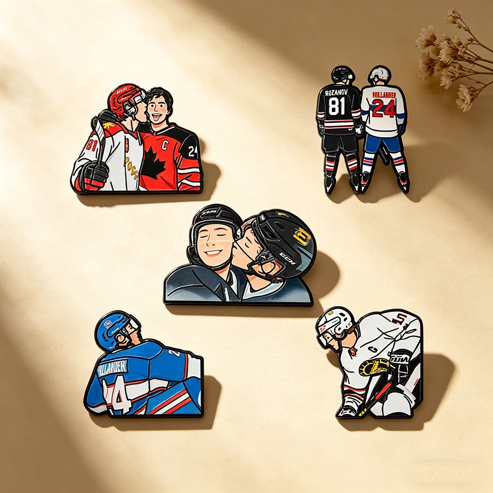 5pcs Heated Rivalry Cartoon ice hockey Player Brooch Hollander Rozanov Enamel Pins Fan Friend Collection Badge Jewelry Gift