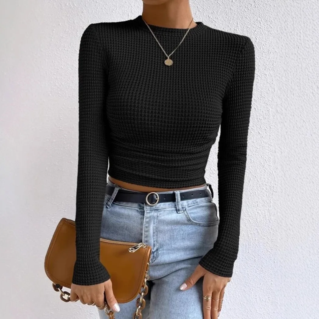 New Women's Crew Neck Cropped Long Sleeve Top Ribbed Slim Fit Elegant Versatile Trendy Casual Commute Office Daily Wear Blouse - view 2