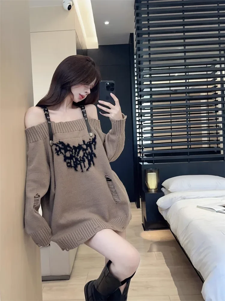 Women\'s Grey Gothic Pullover Knitted Sweater Harajuku Korean Y2k Long Sleeves Jumper Sweaters Vintage 2000s Clothes 2024 Autumn