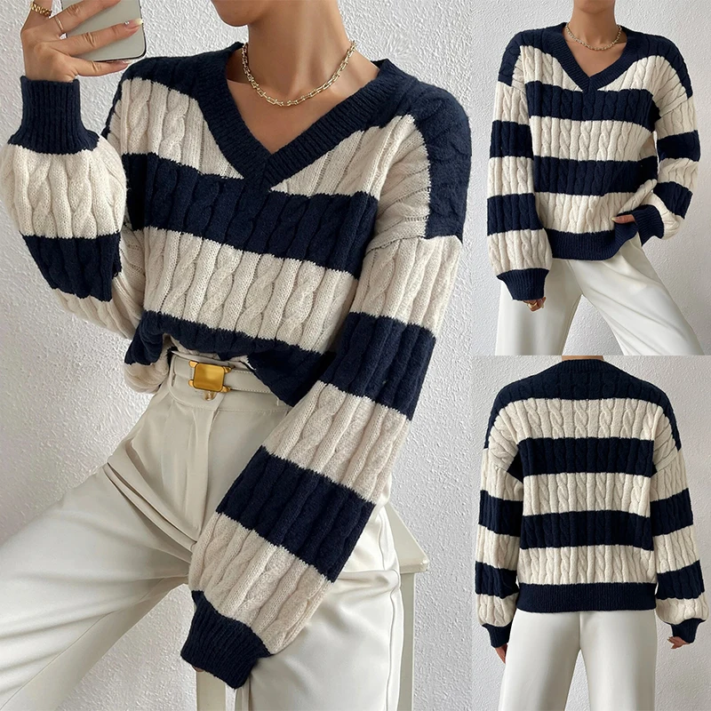 

Женский модный вязаный свитер с v-образным вырезом и длинными рукавами, теплый стильный вязаный топ для осенне-зимней женской моды