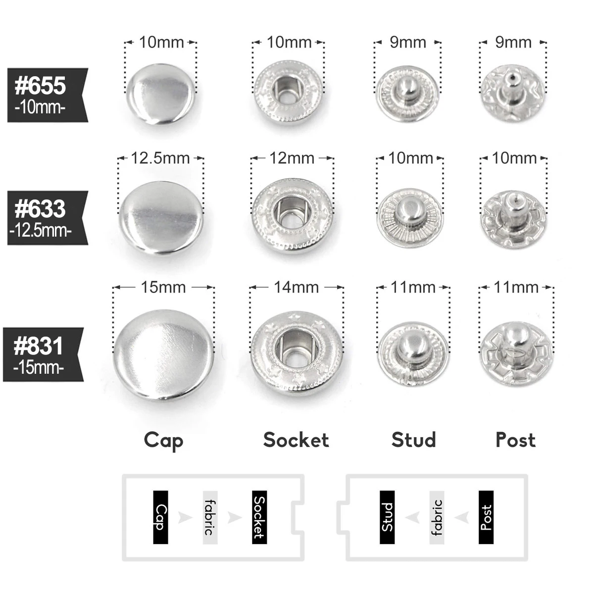 KALASO  #655 #633 #831 1Sets Metal Snap Buttons 10mm 12.5mm 15mm Fasteners And Dies Mould Tool For Hand Press Machine DIY Craft