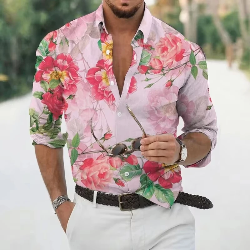 New Retro Men's Lapel Shirt Men's Exquisite Ethnic Print Slim Shirt New Fall Fashion Office Long-sleeved Blouse Elegant Shirt。