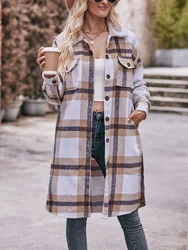 Womens Casual Plaid Wool Blend Button Down Long Sleeve Shirt Oversize Lapel Shacket Jacket Coat Flannel Peacoat