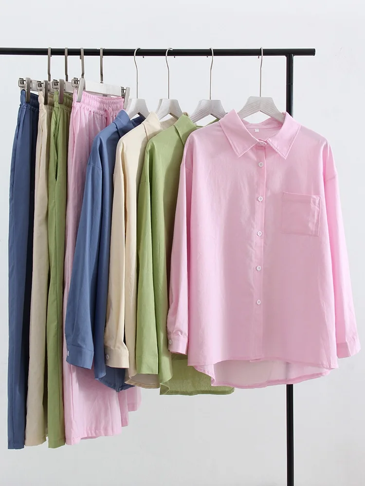 Streamgirl Linen Pants Sets For Women Summer Suits Pink Two Piece Trouser Women's Suit Sets Linen Shirt Set Oversize Outfit Suit