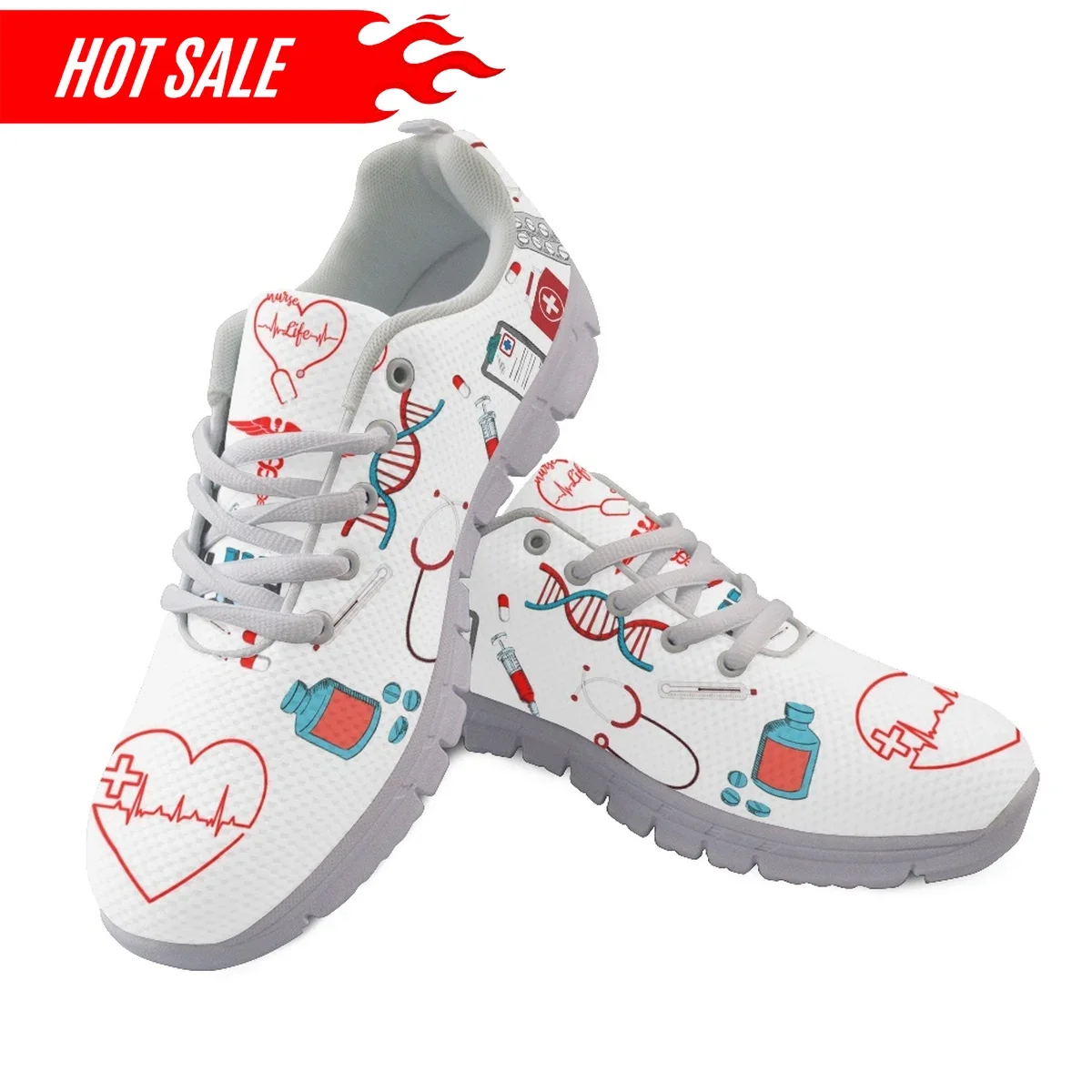 New Trend Women Nurse Flats Heartbeat EMT Emergency Room Nursing Design Ladies Mesh Sneakers Lightweight Footwear