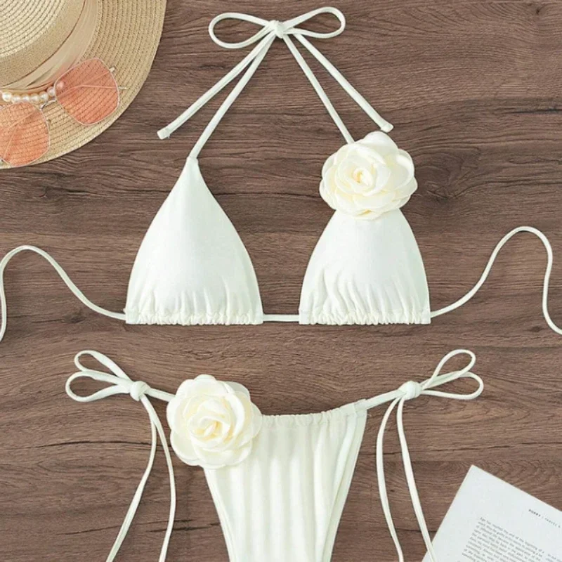 S - L Sexy 3D flores Halter Bikini con tiras mujeres traje de baño traje de baño femenino conjunto de Bikini de dos piezas bañista traje de baño