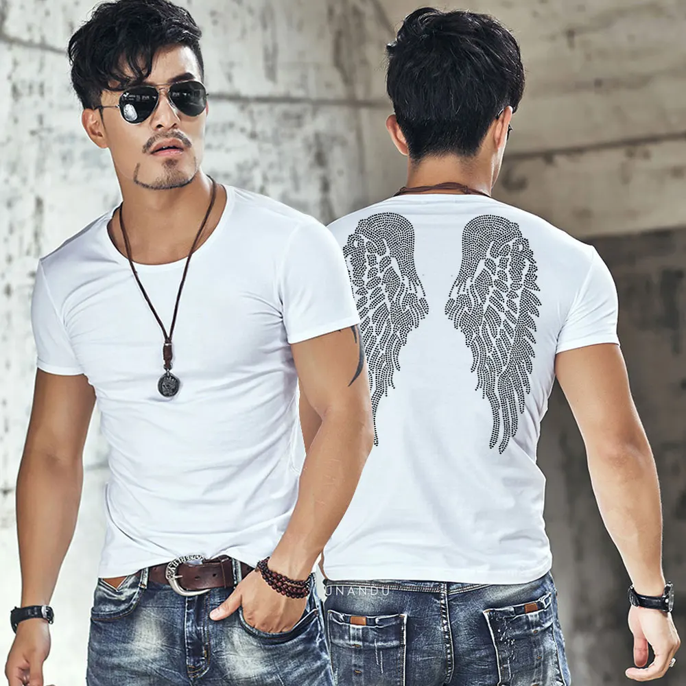 Rhinestone Wings Men\'s T-shirt Short Sleeve 2024 Summer Heavy Industry Hot Drill Social Tops Tees Male Clothing Unisex Tshirts