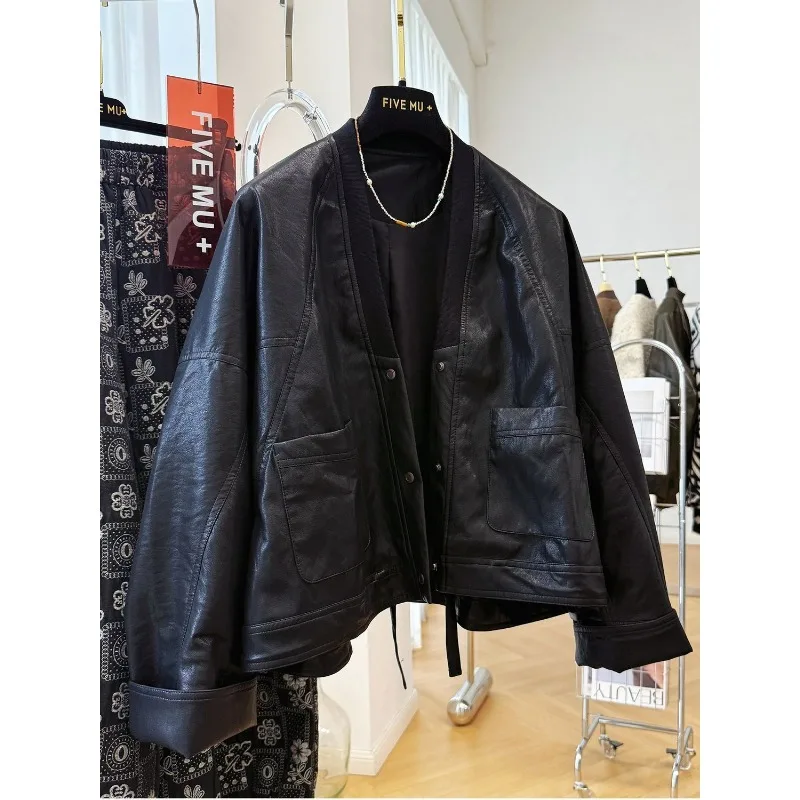 Premium Sense Huge Good-looking Lazy Style Loose Casual V-neck Pu Leather Jacket Women's Spring Autumn Bat Sleeve Leather Jacket