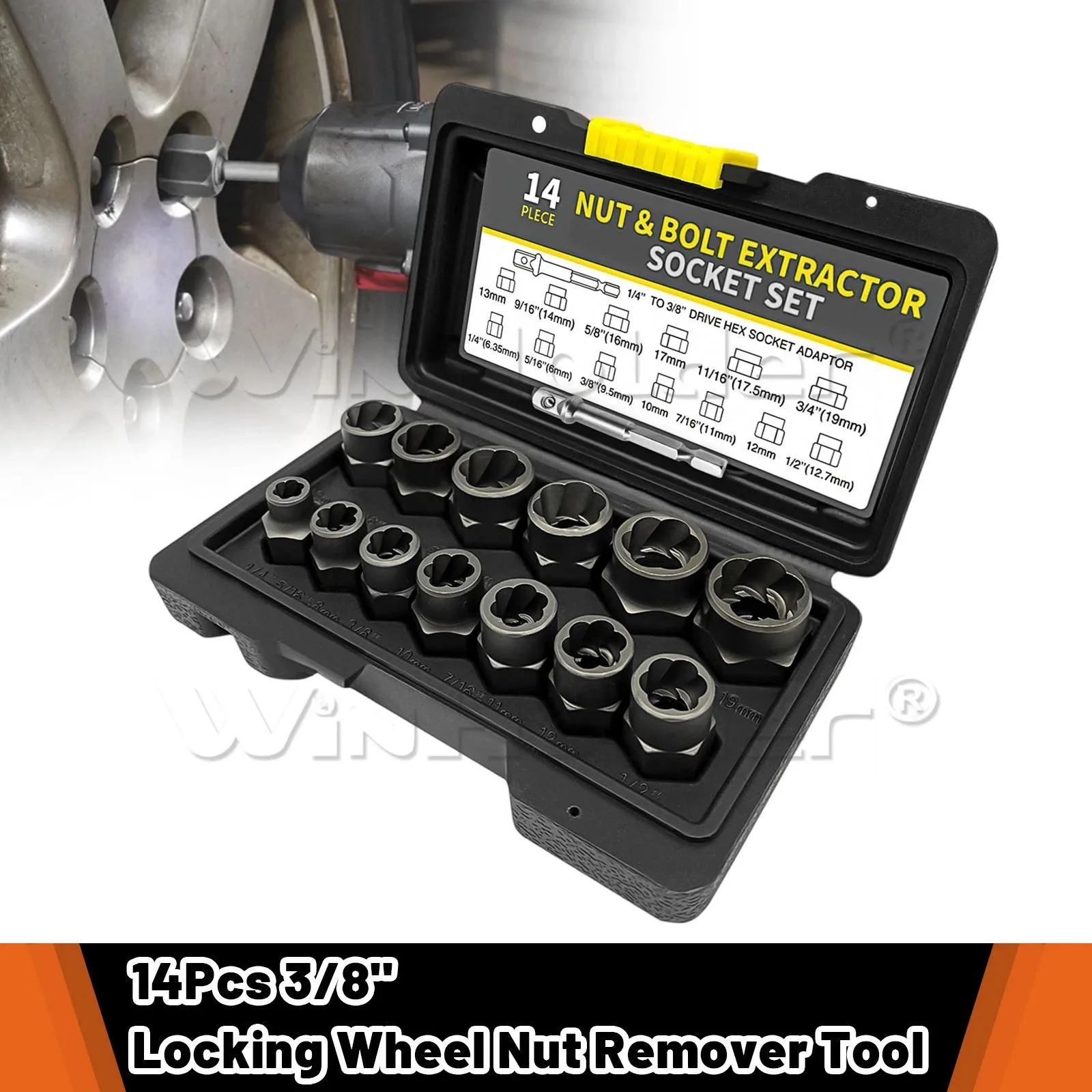 

14Pcs 3/8" Locking Wheel Nut Extractor Twist Socket Set For Damaged Bolt Stud Removal Tool Mechanics Repair Kit With Storage Box