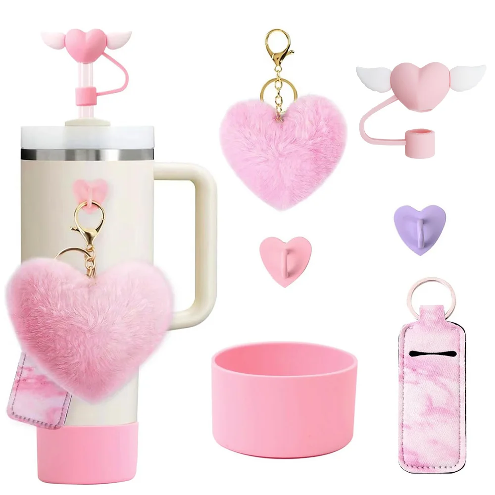 6PCS Cup Accessories Set for Stanley 40oz & 30oz Tumbler Silicone Boot,Straw Cover Cap,Heart Hook,Lipstick Bag Heart Pompom