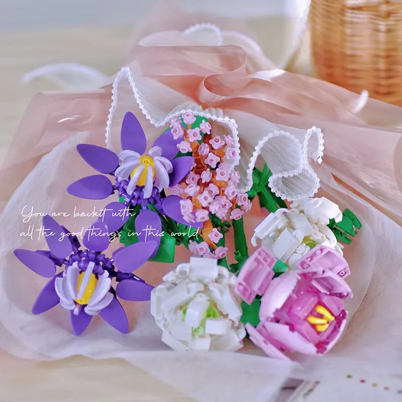 1pcs Flower Bouquets Building Blocks Plants City Street View Decoration Rose Tulip Lilac Daisy Lotus Children Toys Girl Gift