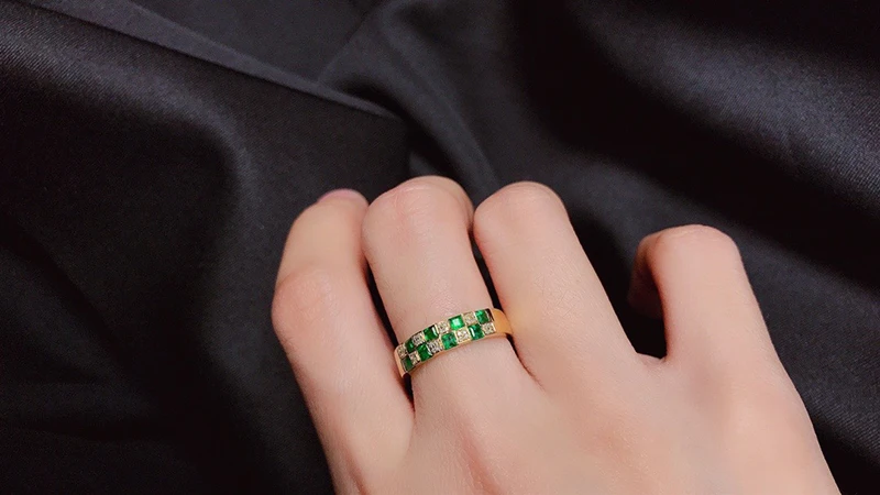 KUGG 100% 18K Yellow Gold Rings Fashion Vintage Style Shiny Diamond Natural Emerald Ring for Women High Anniversary Gift