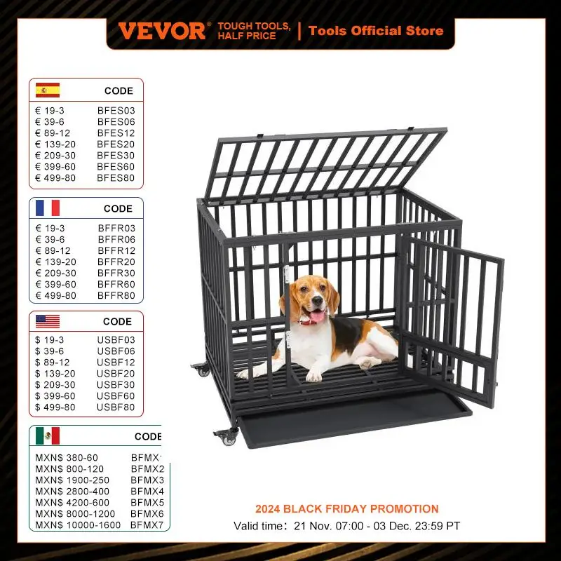 VEVOR 42 Inch Heavy Duty Dog Crate 3-Door Heavy Duty for Medium to Large Dogs with Lockable Wheels and Removable Tray