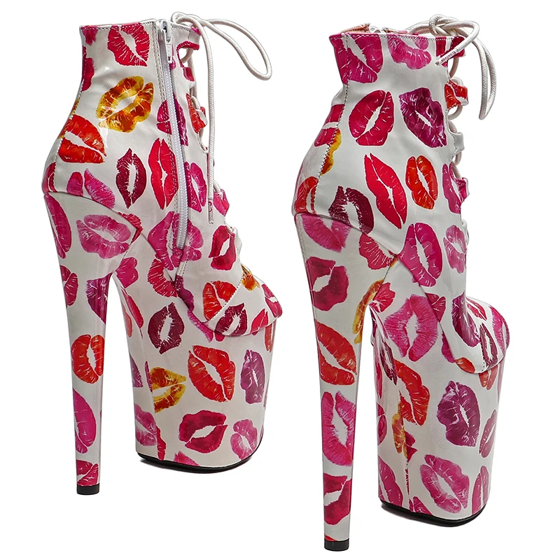 Leecabe  20CM/8inches  Lip print  PU  upper  open toe  High Heel platform ankle  Trend fashion stripper heel  Pole Dance booties