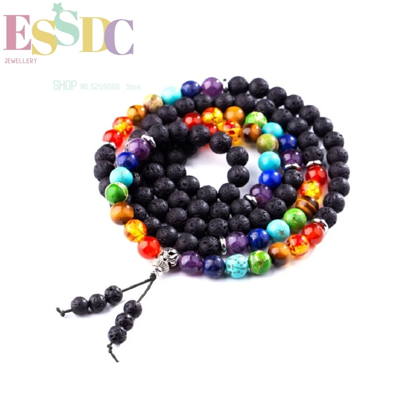 

New Design High Quality Seven Chakra Yoga Square OM Stainless Steel Spacer Tassel Energy Stone Ling Gas Treatment Mala Bracelet