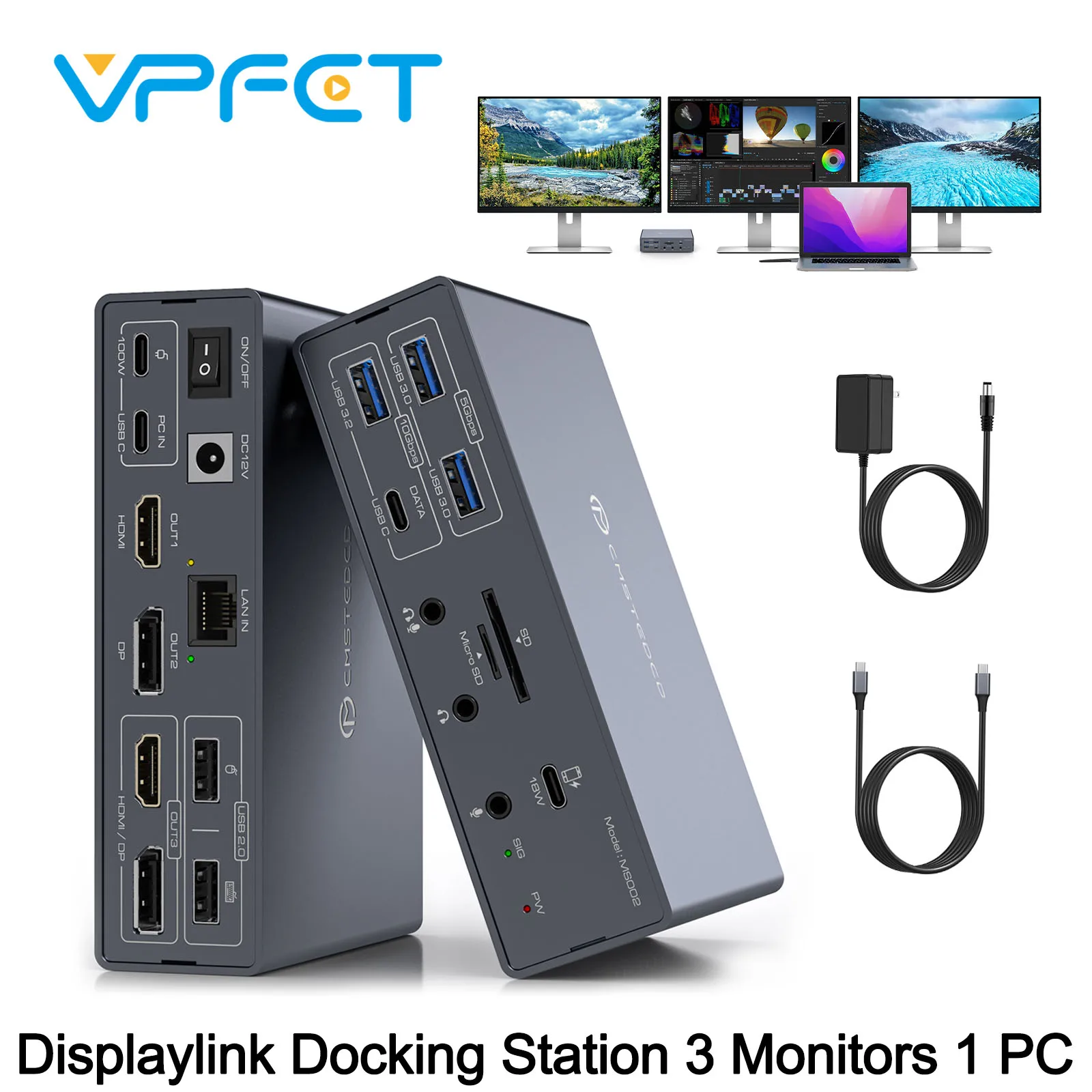 

KVM Displaylink Docking Station 4K 3 Monitors for MacBook M1 M2 M3 M4 Windows 19-in-1 USB3.0 USBC Laptop Dock 3 Monitors VPFET