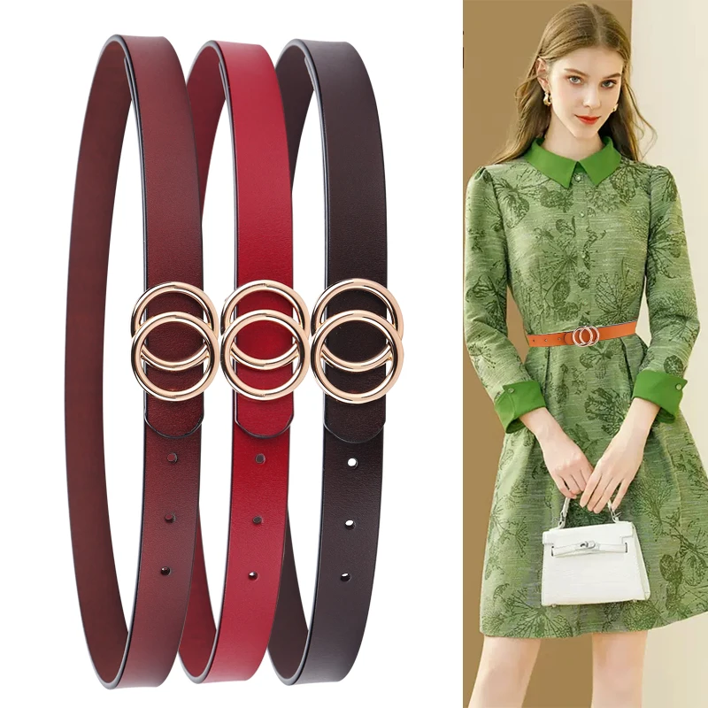 Women's Belt Genuine Leather Decorative All-Match Double O-Ring Buckle Leather Belt New For Dress jeans pant adjust women belt