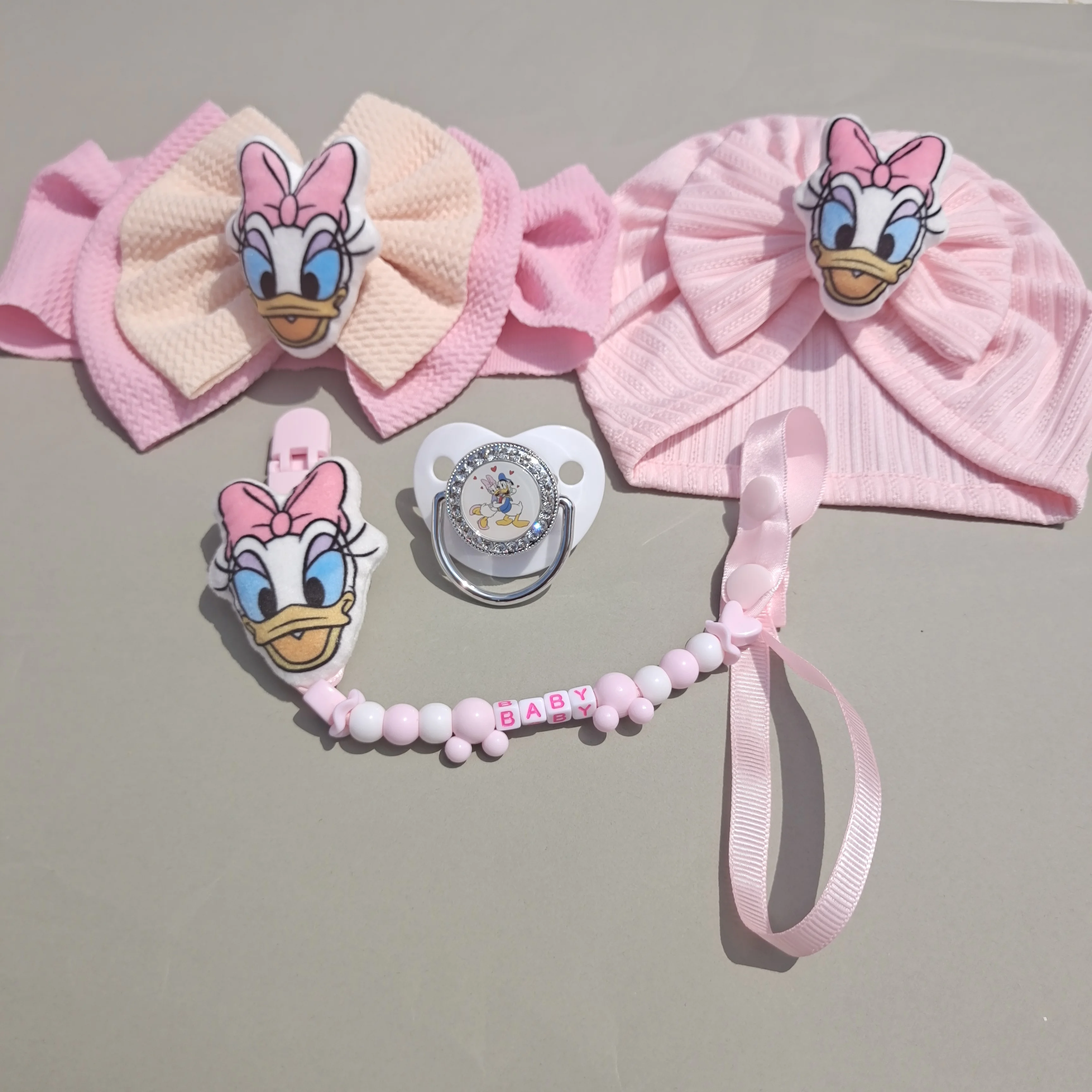 Disney Cartoon Solid Bow Cotton Newborn Caps for Kids Toddler Infant Hair Accessories Newborn Photography Customized Dummy Clip