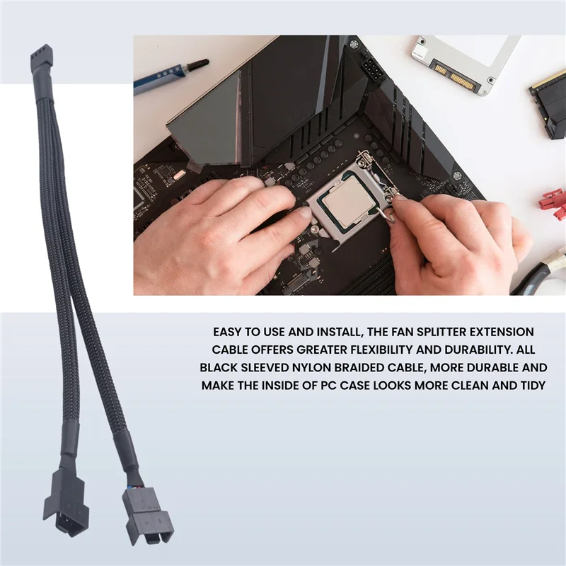 A13E-3Pcs PWM Fan Splitter Cable 2Way 4Pin Y Sleeved Extension Power Cable 1To2 Converter For PC Motherboard,Computer CPU Fan