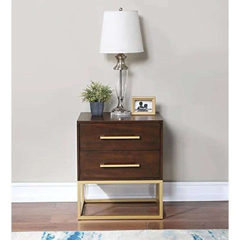 Coleção Birch Veneer Nightstand em Dark Cherry Finish, escovado metal ouro pernas e alças