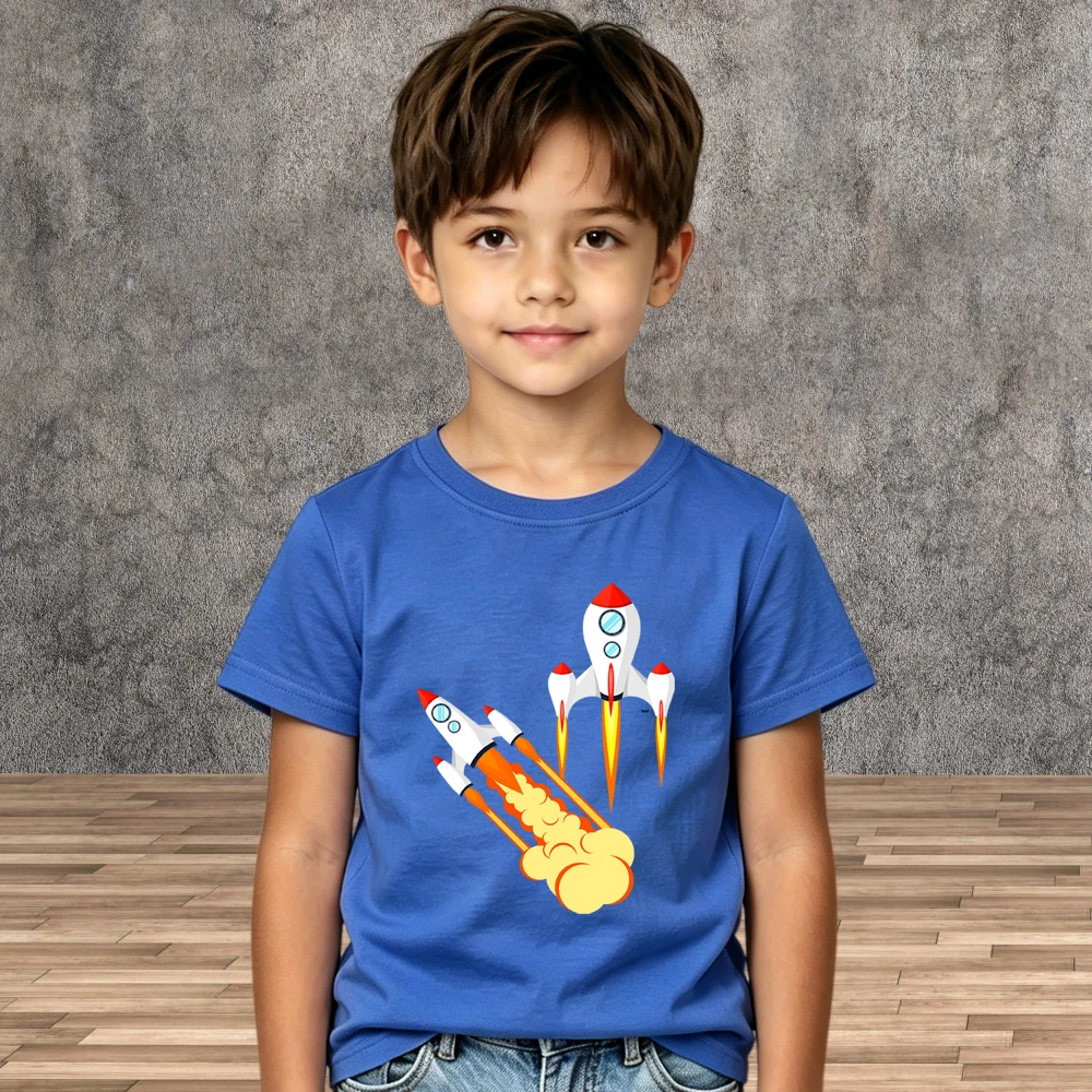 Premium Cotton Boys Tees Cartoon Rocket Print Kids Summer Short Sleeve Clothes
